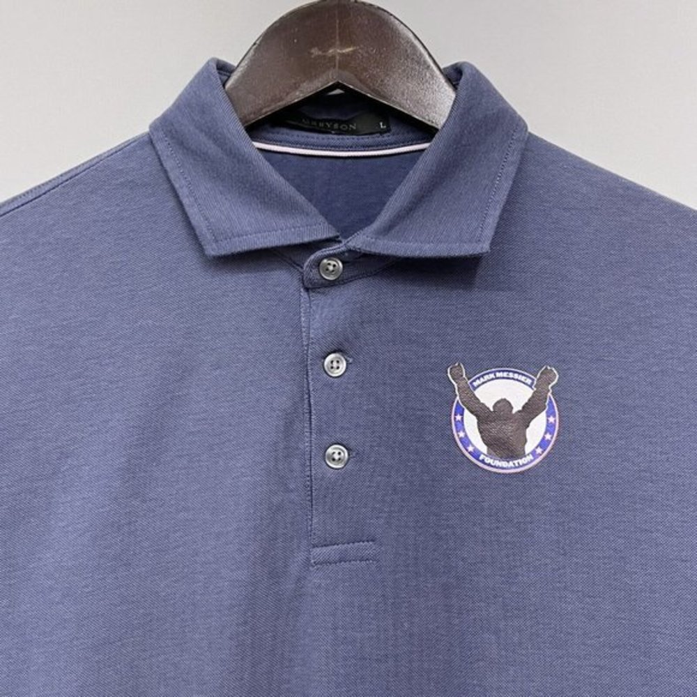 Greyson Mens Golf Polo Shirt Mark Messier Foundation Slate Blue Stretch Sz L euc - Picture 2 of 8